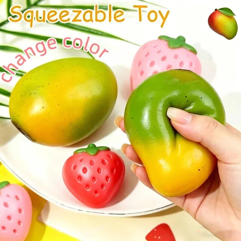 2026 Squishy Mango Stress Balls Squeeze Toy Color-Changing Mango Strawberry Handmade Squishy Fidget Balls Stress Relief Toy Gift